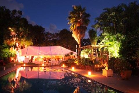 White Marquee And Lights Beside Swimming Pool — Wedding & Event Hire In Goonellabah, NSW