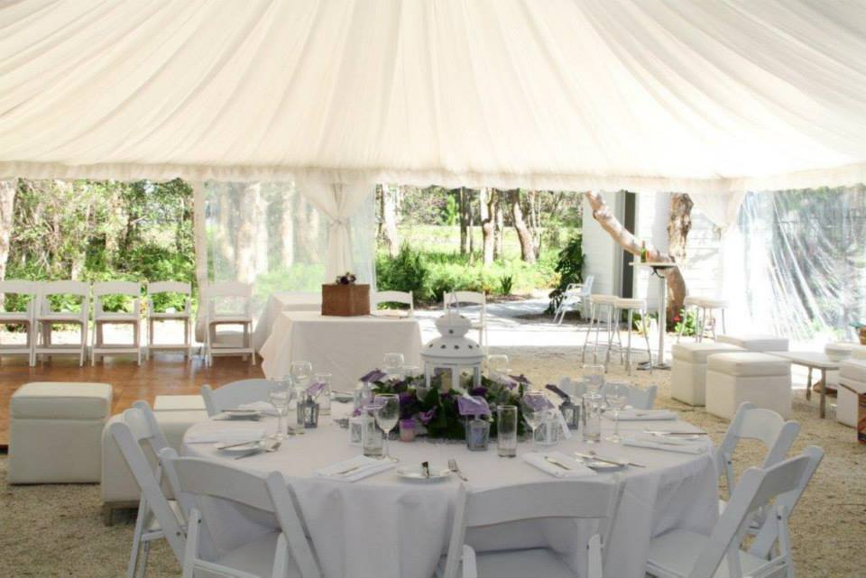 White Tables And Chairs With Lamp On The Center — Wedding & Event Hire In Goonellabah, NSW