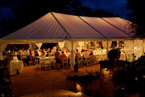 White Marquee And People Gathering With Yellow Lights — Wedding & Event Hire In Goonellabah, NSW