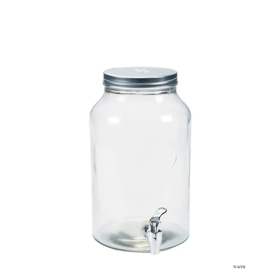 A Clear Glass Jar With A Metal Lid And Faucet — Wedding & Event Hire In Goonellabah, NSW