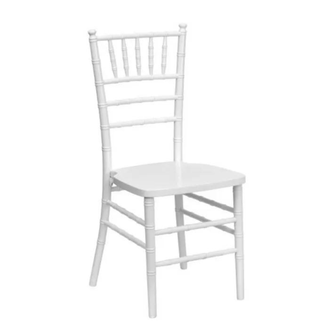 A White Chiavari Chair With A Wooden Seat On A White Background — Wedding & Event Hire In Goonellabah, NSW