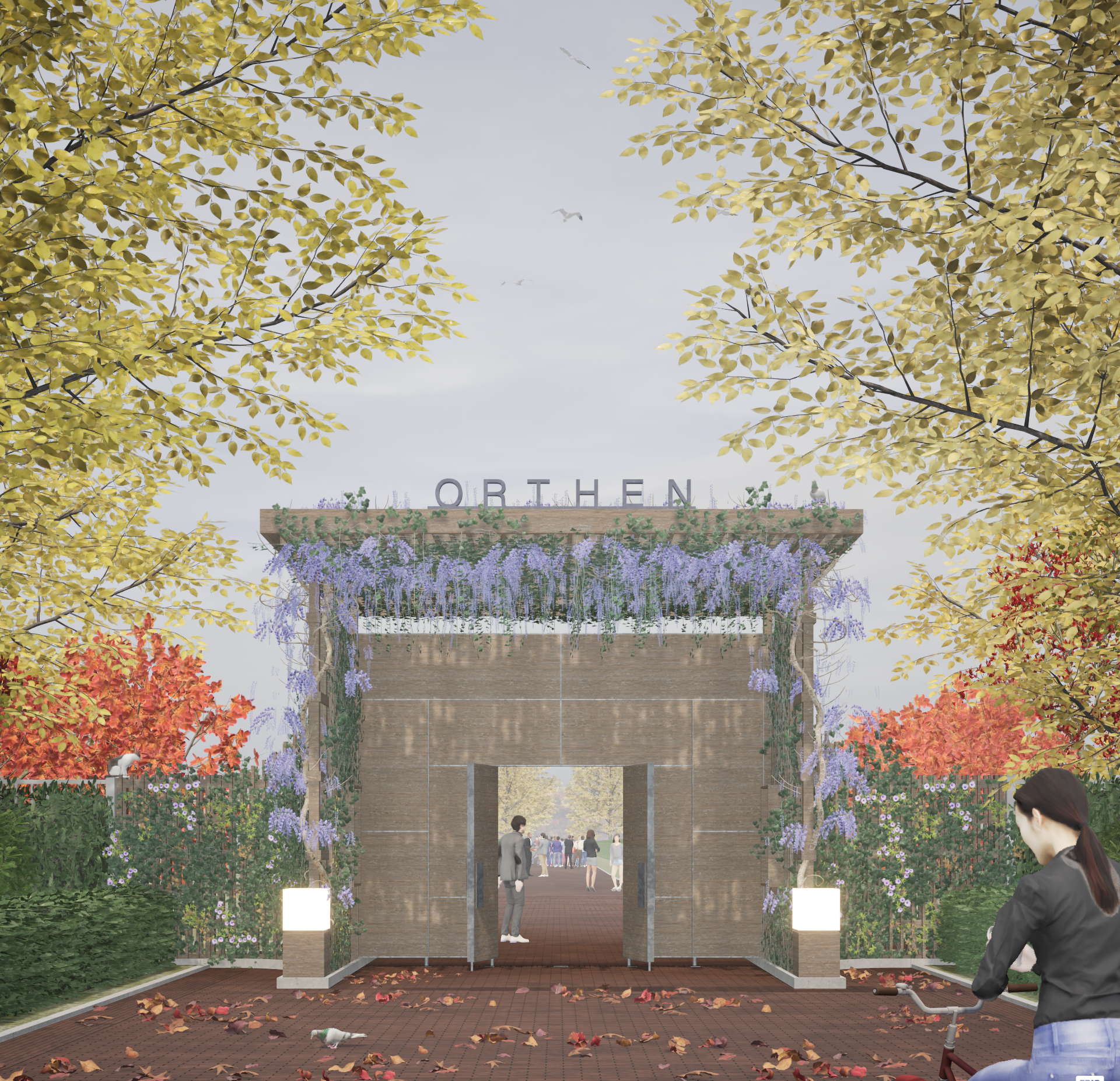 Architectural render of the wooden entrance gate covered in climbing plants with a lady on her bike