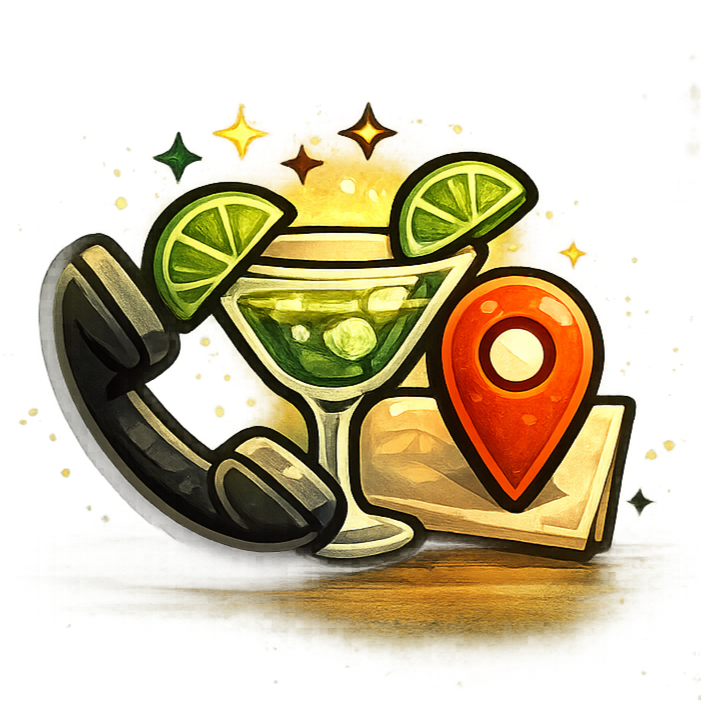 Cocktail glass with lime wedges, phone, and map pin icon on a parchment background