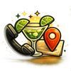 Cocktail glass with lime wedges, phone, and map pin icon on a parchment background