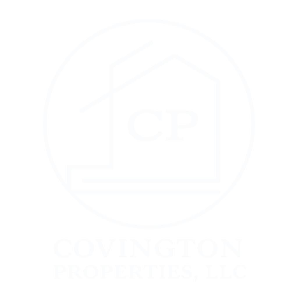Logo for Covington Properties LLC: white house outline within a circle, "CP" initials, company name below.