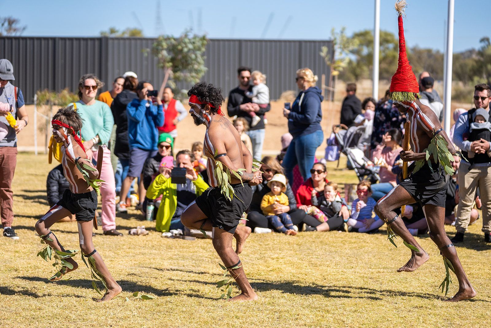 A group of people are dancing in a field in front of a crowd.