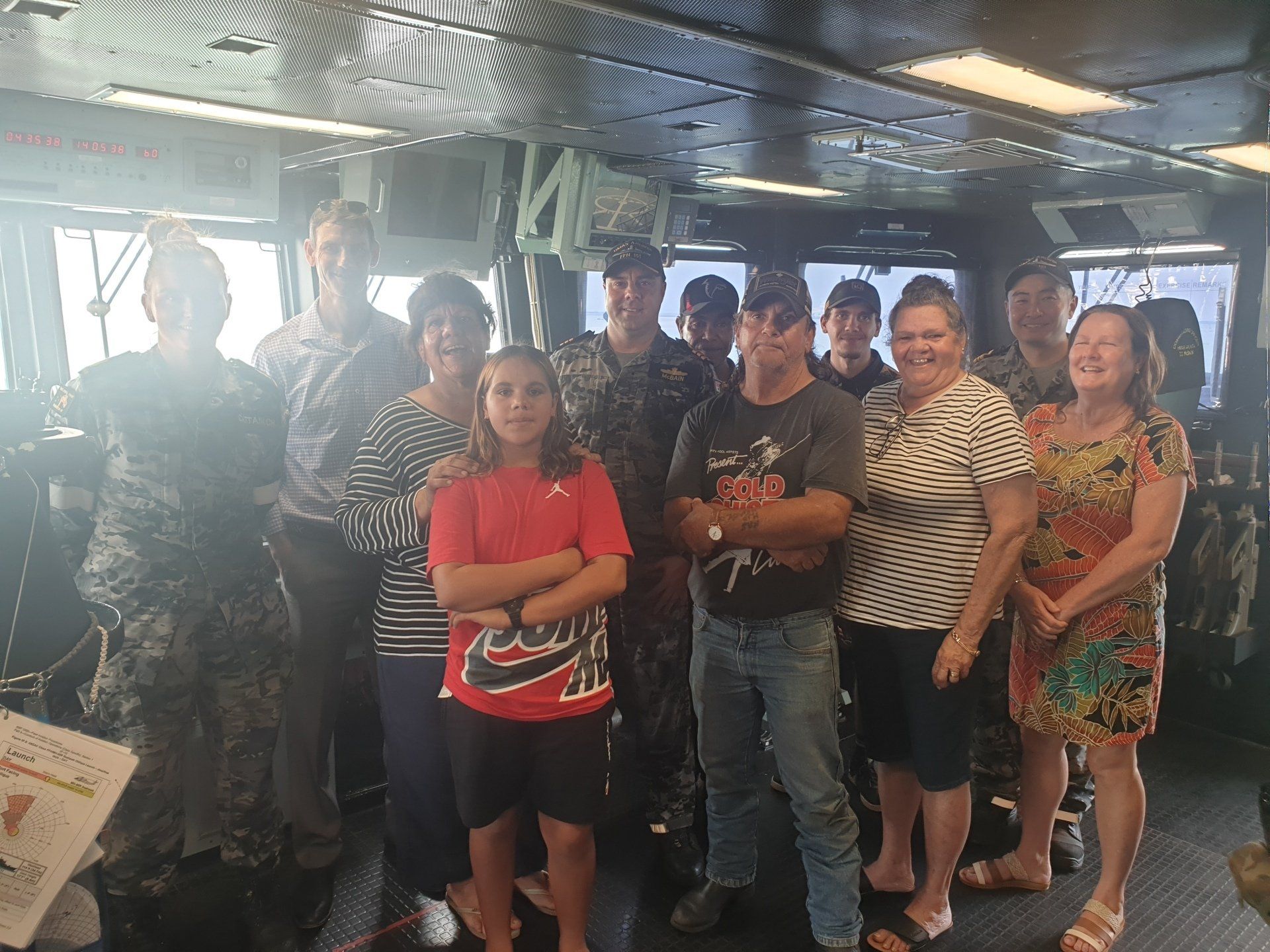 A group of people are posing for a picture on a boat.