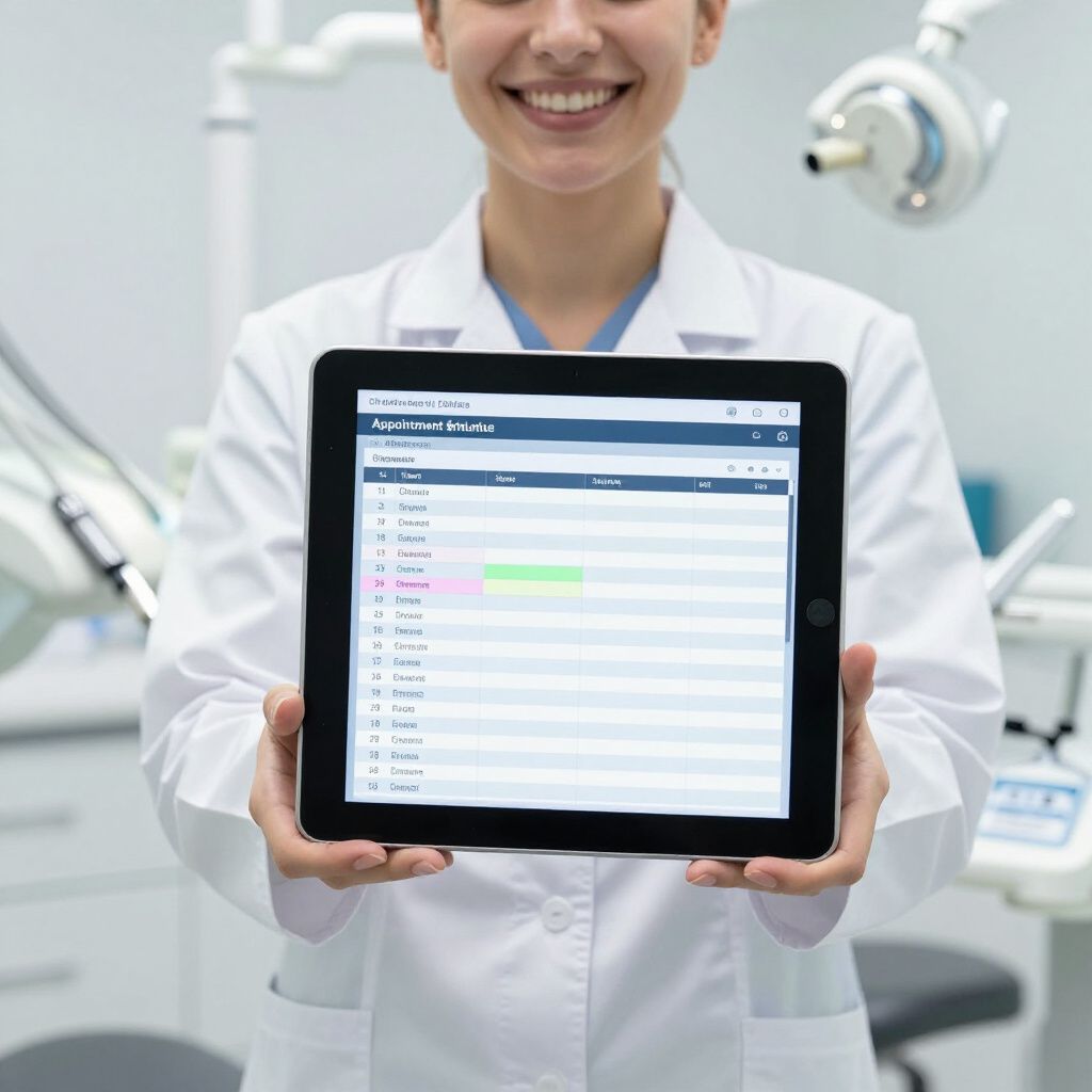 Dental professional holding a tablet showing appointment information