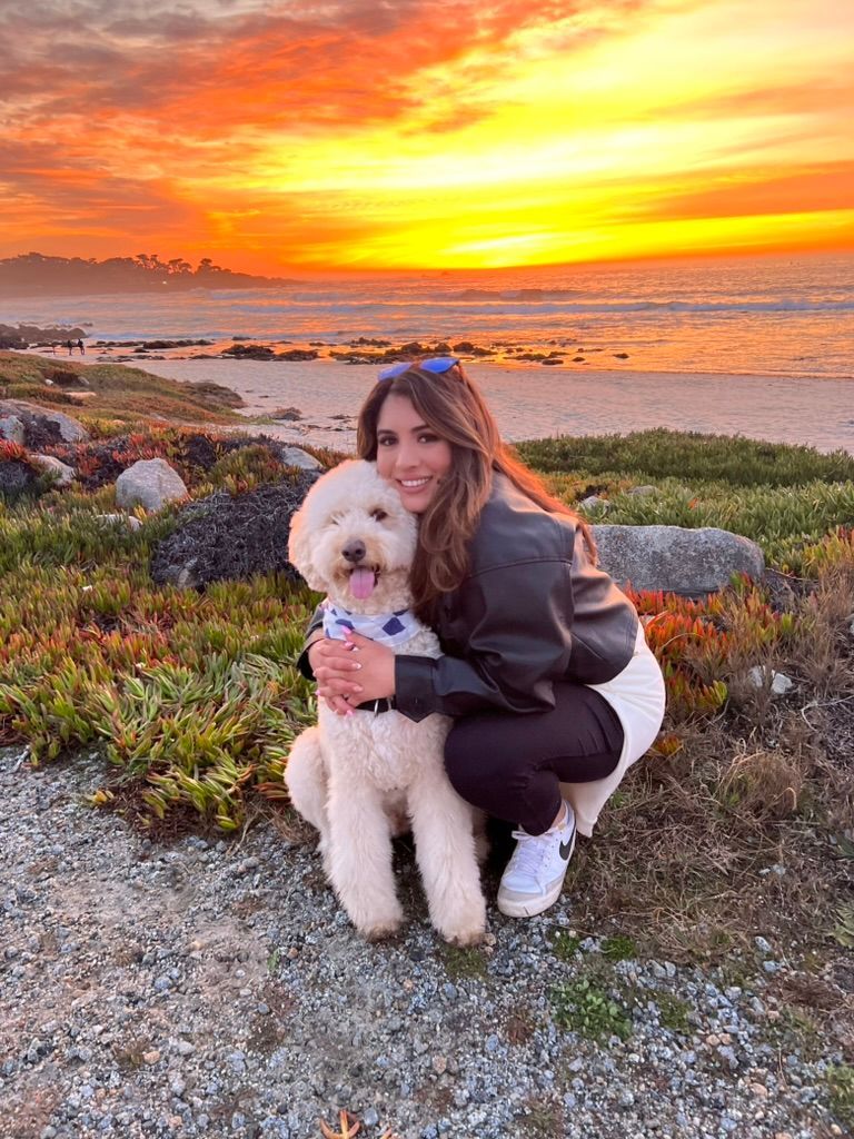 A woman is kneeling down next to a small white dog on the beach at sunset.