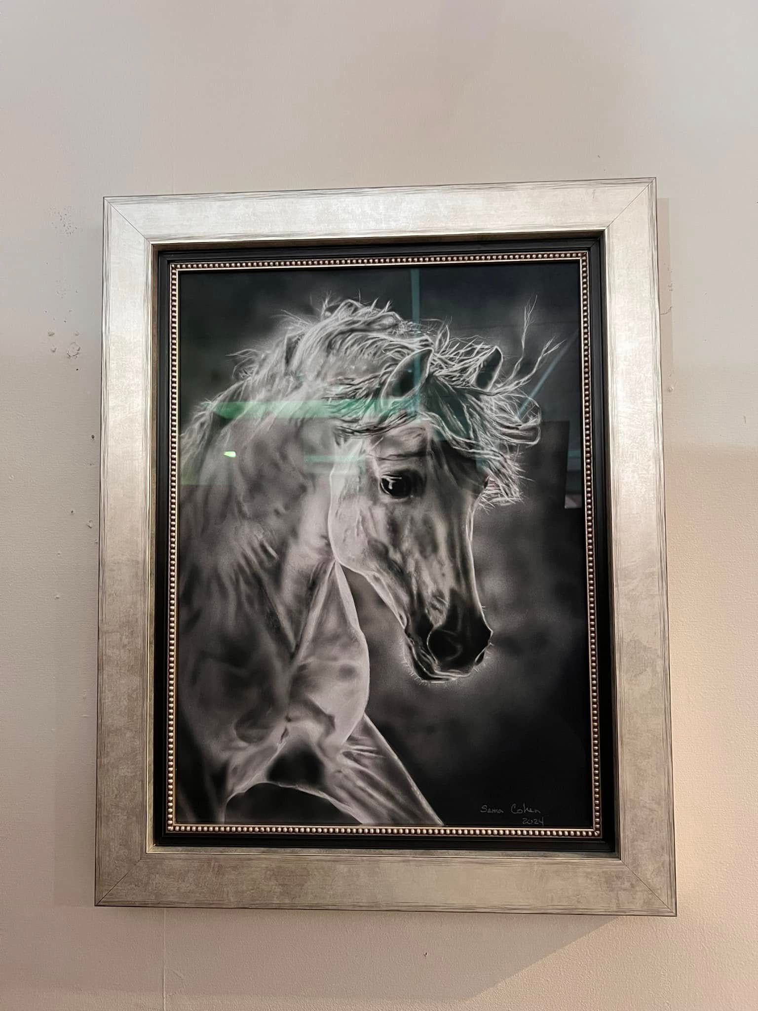 Framed black and white horse portrait with a silver ornate frame.