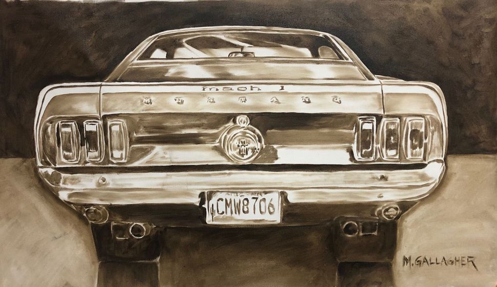 Sepia-toned drawing of the back of a vintage Ford Mustang with license plate