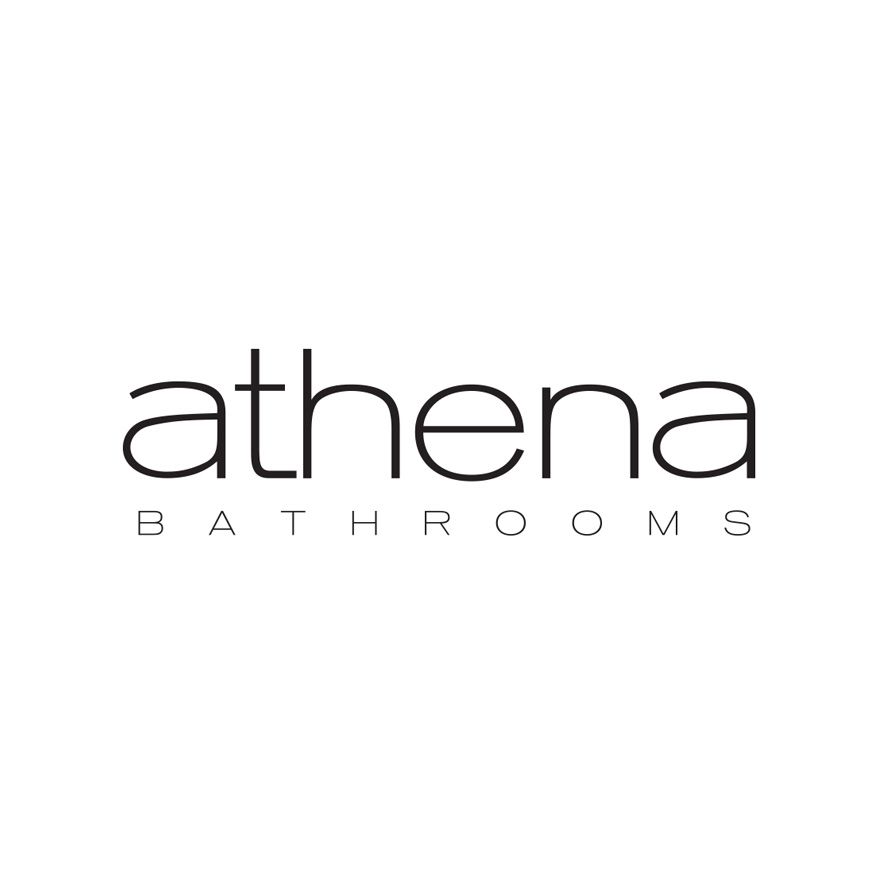 A black and white logo for athena bathrooms on a white background.