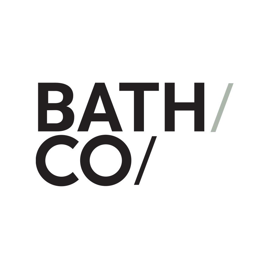 A black and white logo for bath co / on a white background.