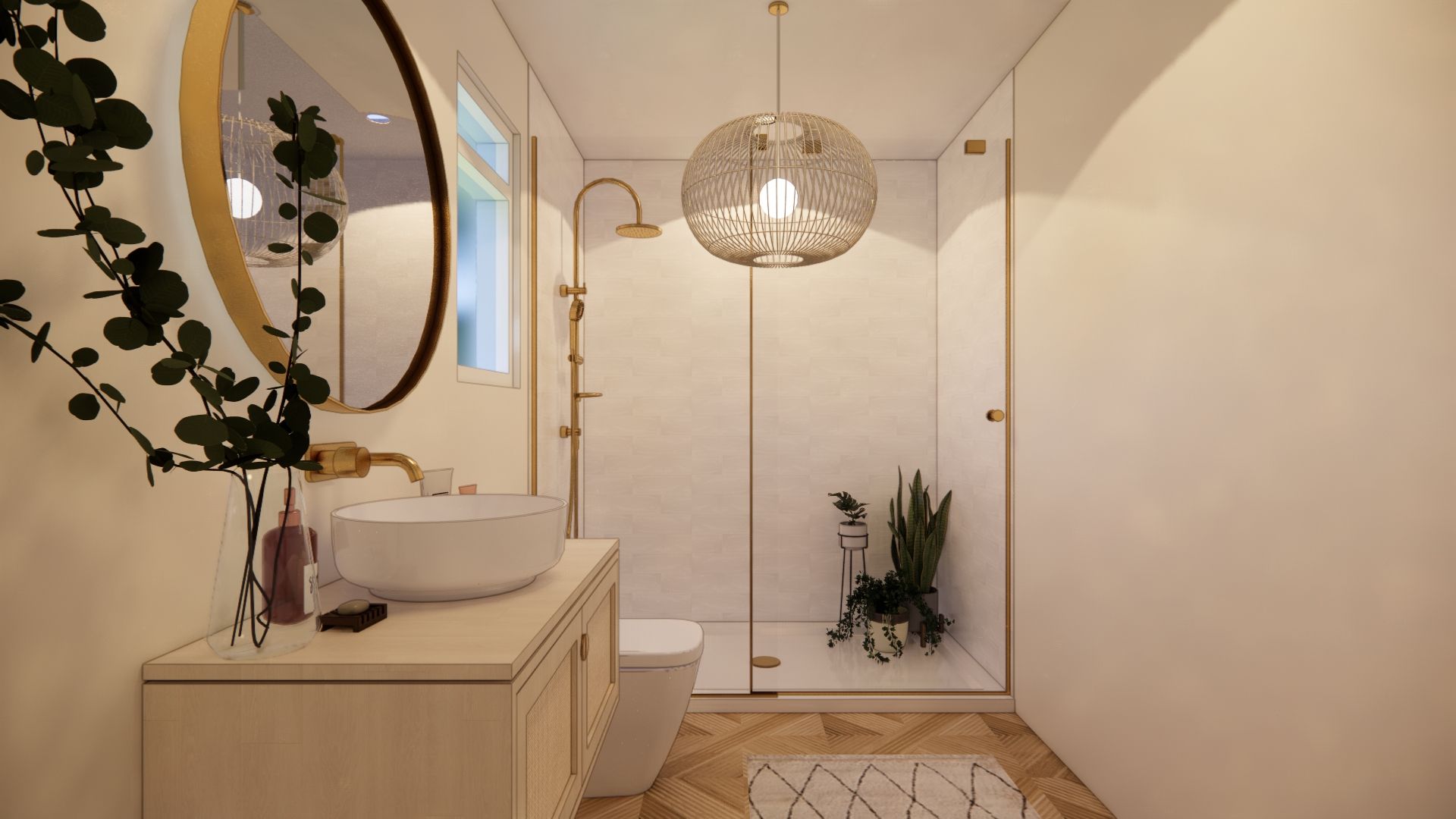 A bathroom with a sink , toilet , mirror and shower.