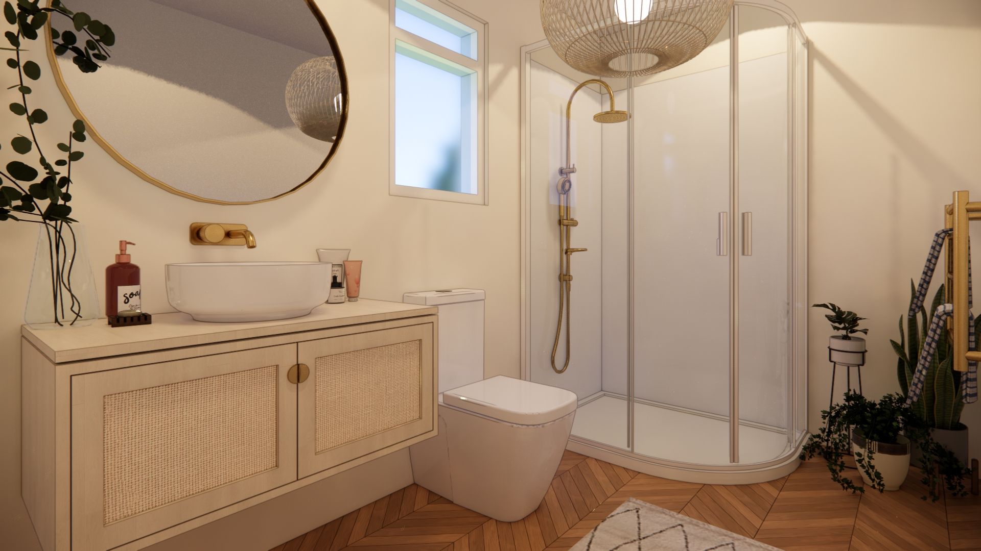 A bathroom with a sink , toilet , shower and mirror.