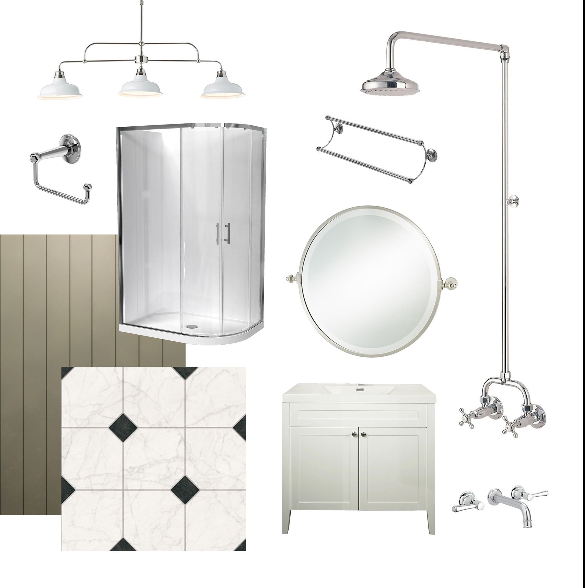 A bathroom with a shower a sink and a mirror