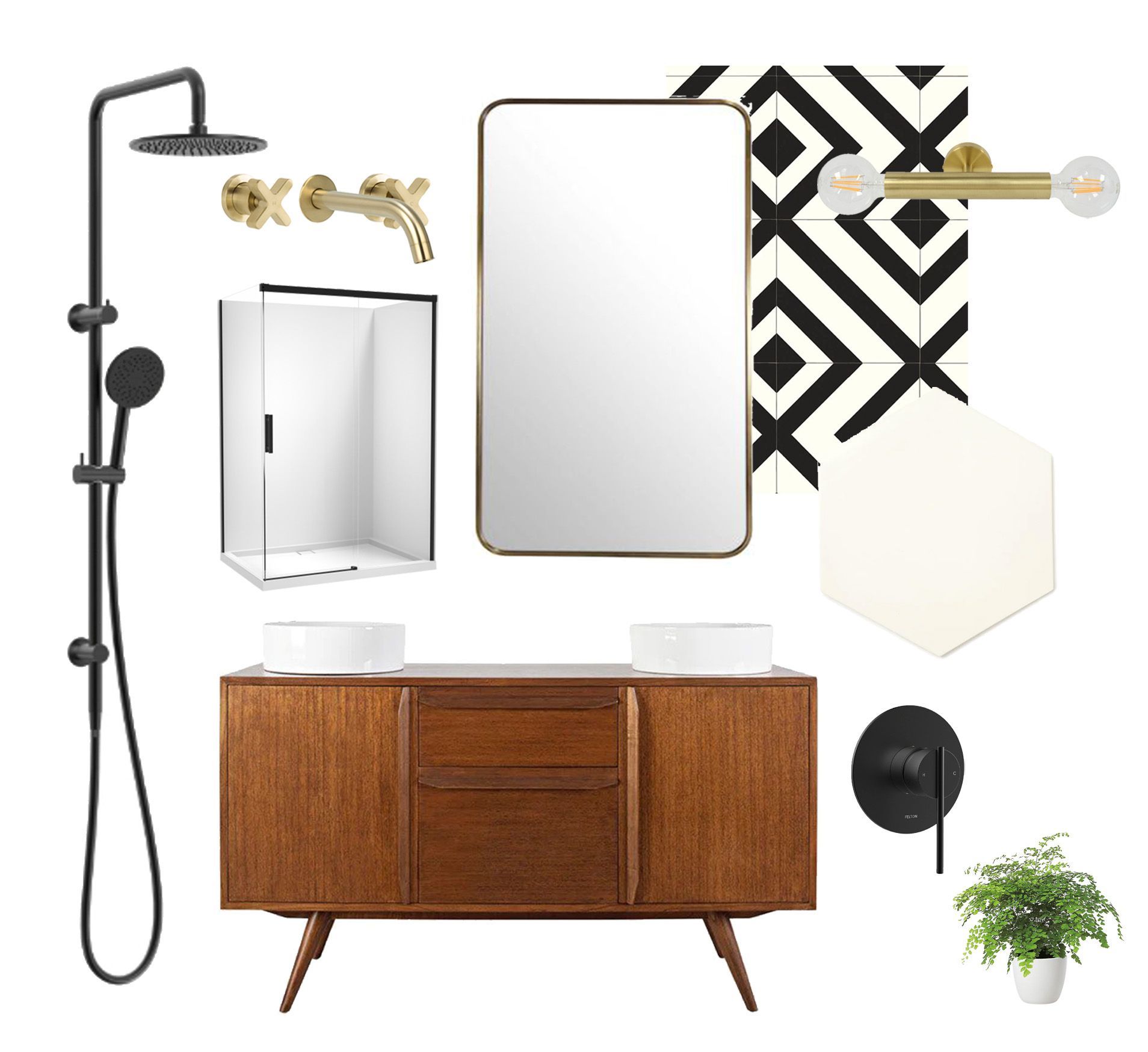 A bathroom with two sinks , a shower , a mirror , and a plant.