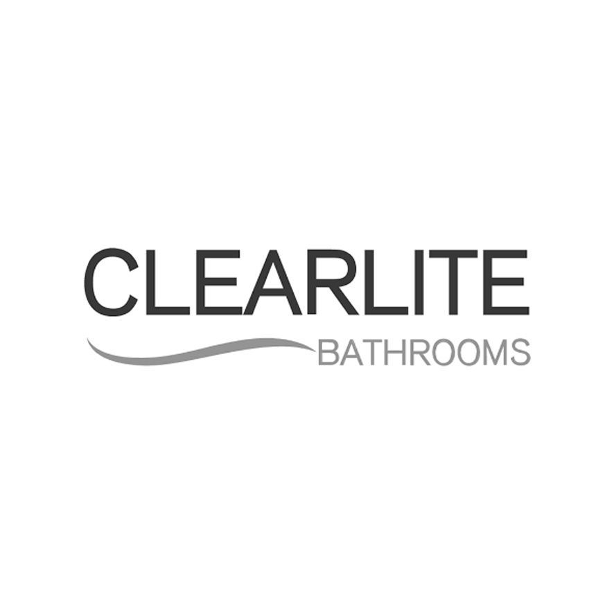 A black and white logo for clearlite bathrooms on a white background.
