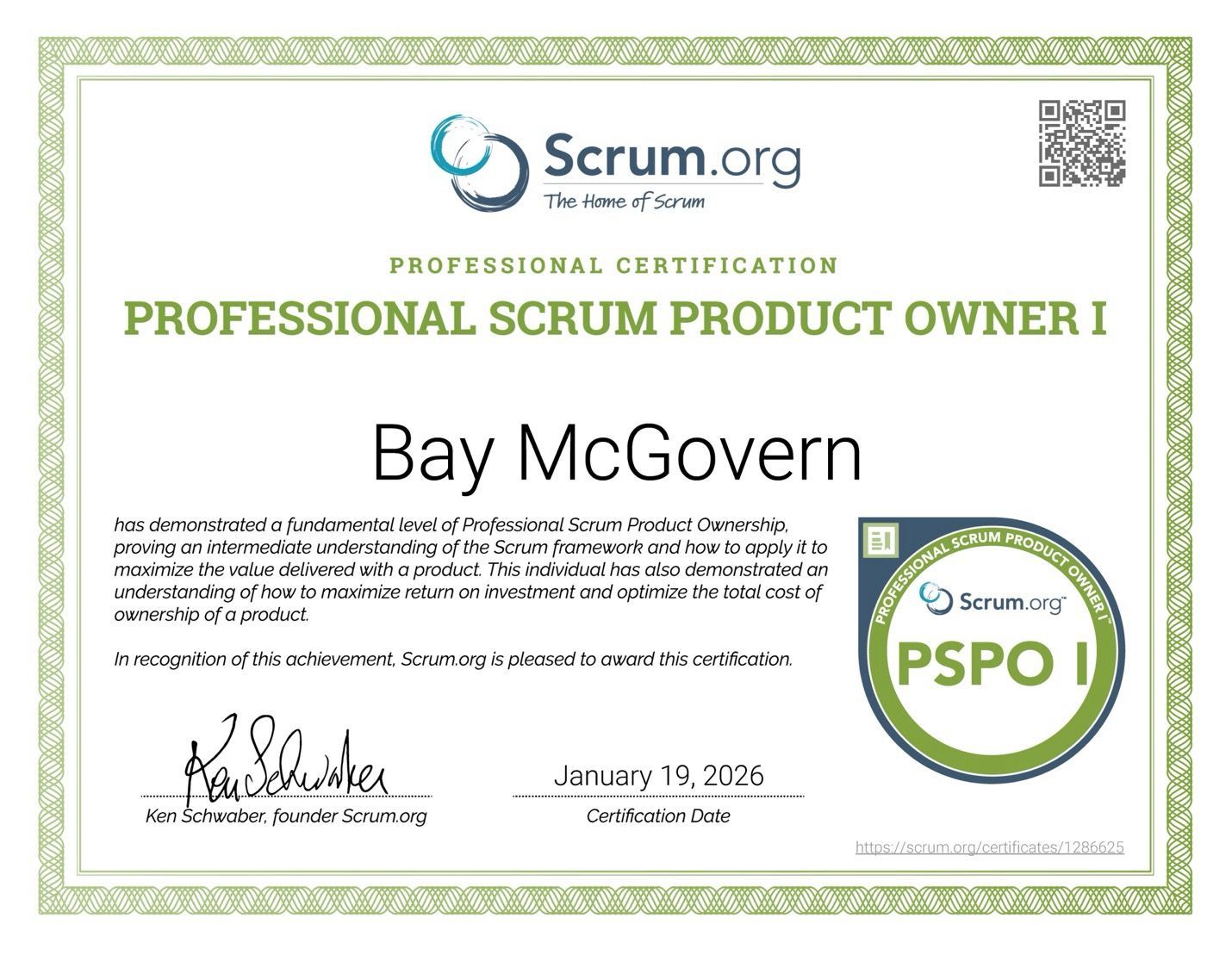 Scrum.org Professional Scrum Product Owner I (PSPO I) certificate awarded to Bay, dated January 19th 2026, displaying the official Scrum.org seal.
