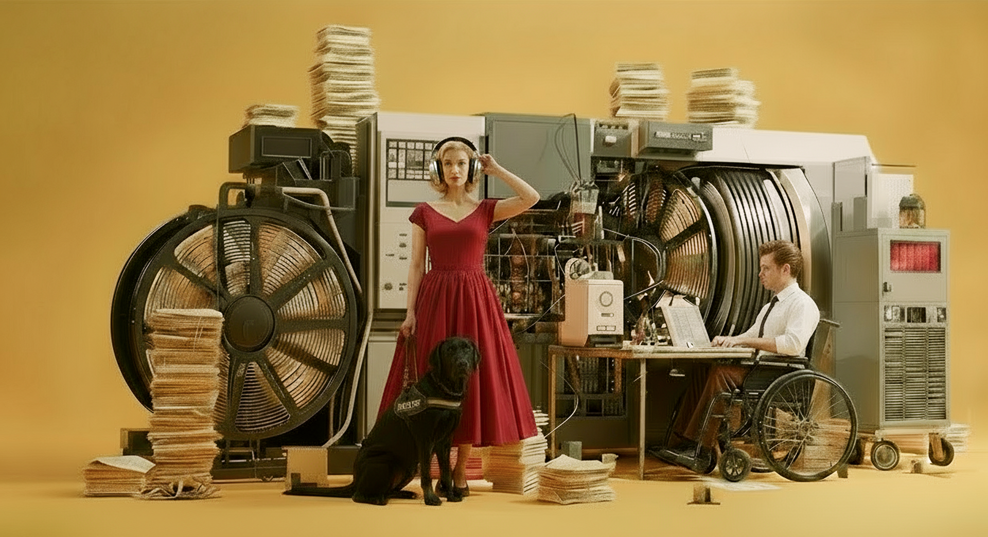 Retro-futuristic tech being operated by man in wheelchair and woman with guide dog. Accessibility.