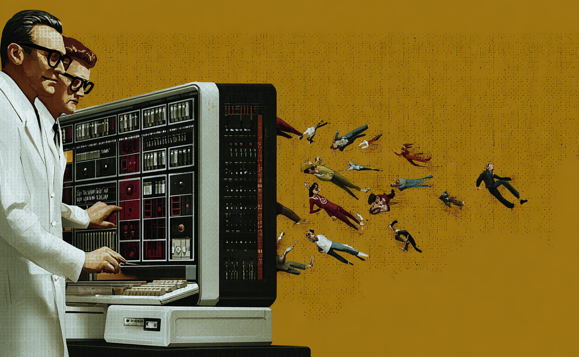 A retro-futuristic illustration depicting two men in lab coats operating a large vintage computer.