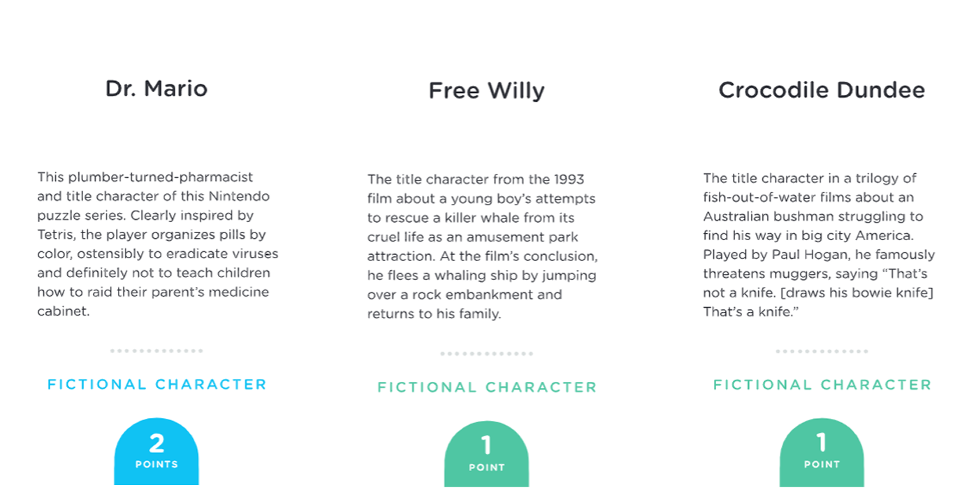 Playing cards for the game Monikers that describe Dr. Mario, Free Willy and Crocodile Dundee.