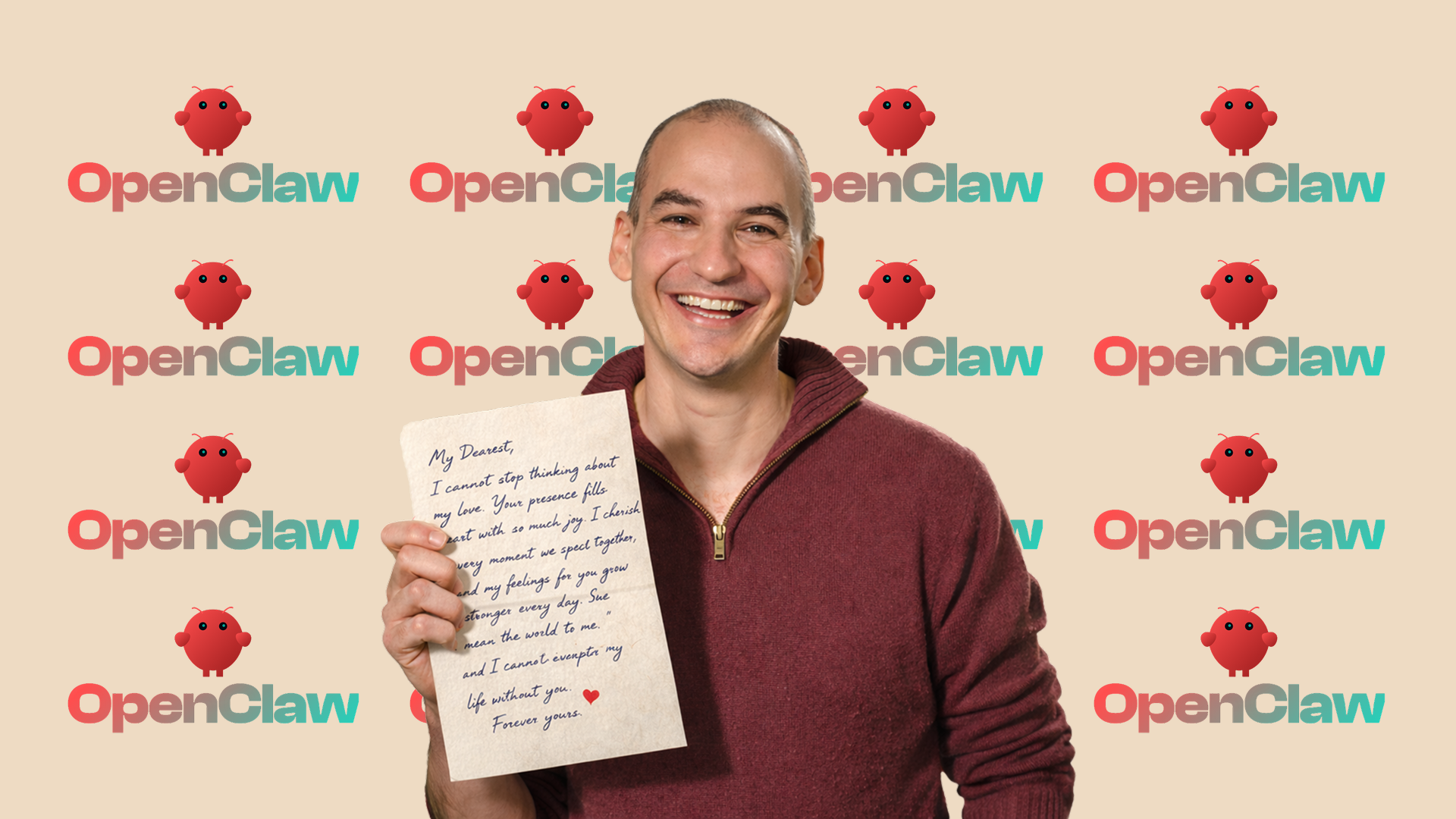 Dan Dekel of Patient Zero holding a handwritten love letter next to the OpenClaw lobster logo