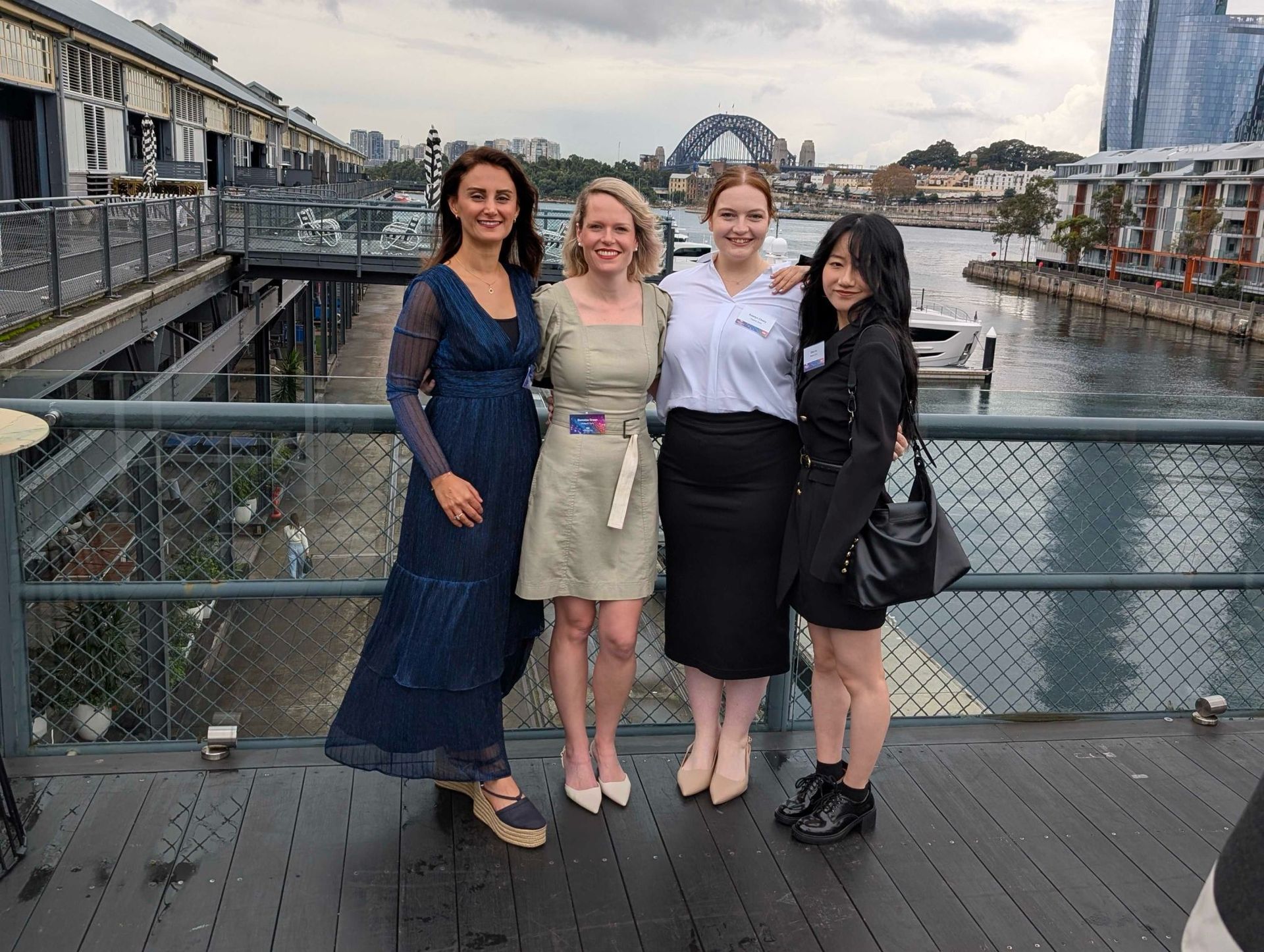 Hanieh Madad and Demelza Green with their team in front of the Sydney Harbour Bridge for the ARN WIICTA awards
