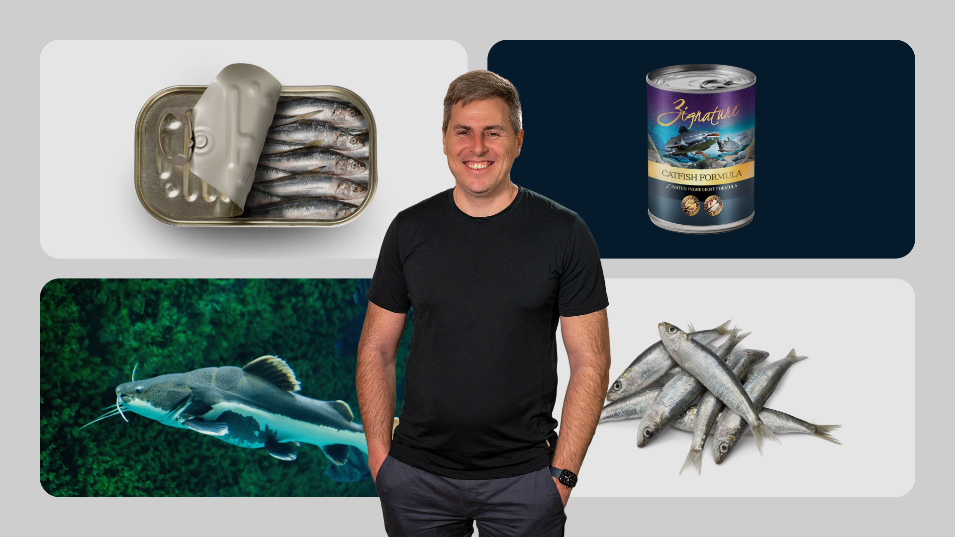 A composite image of Joe Cooney from Patient Zero overlaid onto a pond of catfish