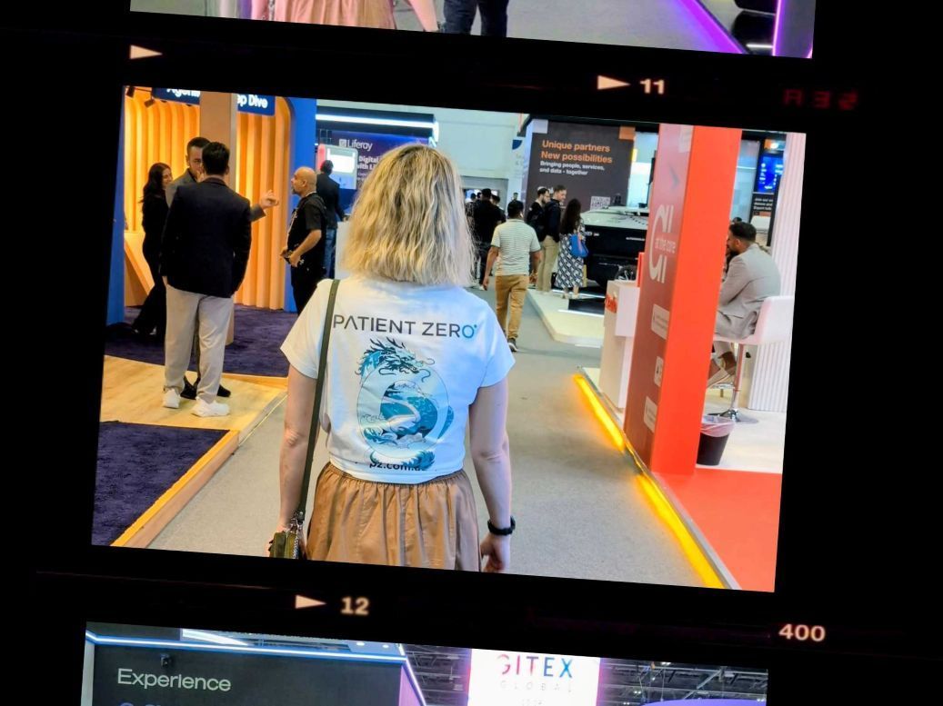 Walking the floor at GITEX Global: Close-up of the Patient Zero uniform (back of shirt)