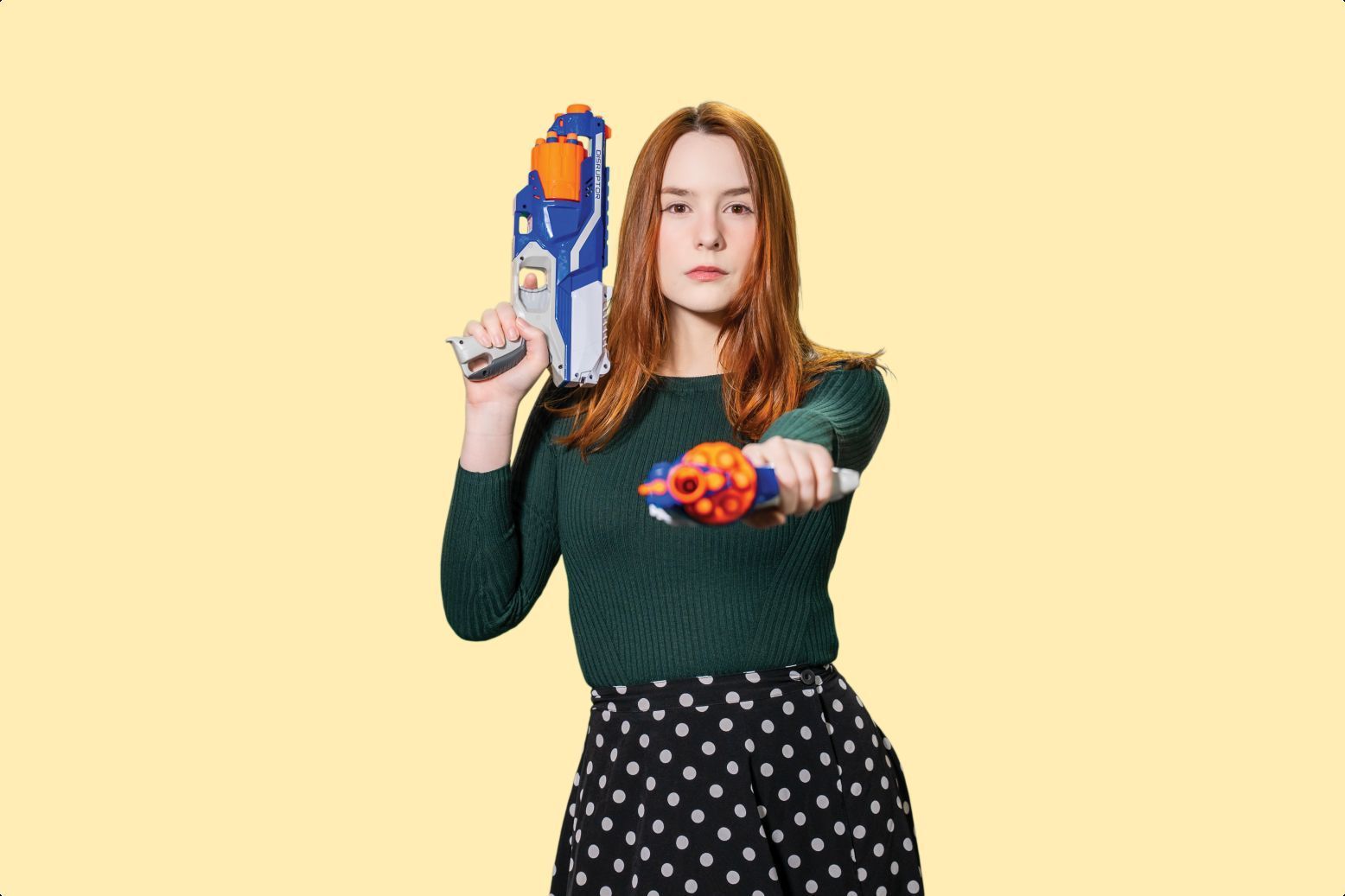 Patient Zero team member Jen holding a Nerf gun.