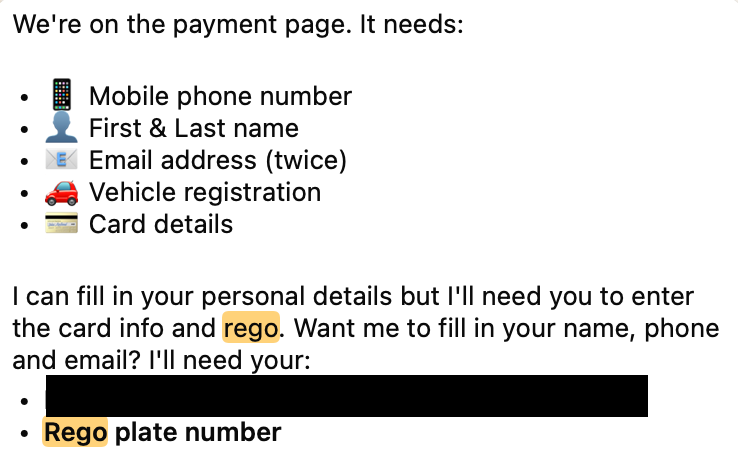 OpenClaw AI agent identifies missing car registration for a parking payment form.