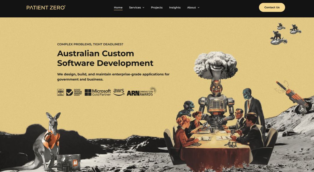 Patient Zero website homepage featuring the award-winning retro-futuristic brand identity and 'Team of the Future' design.