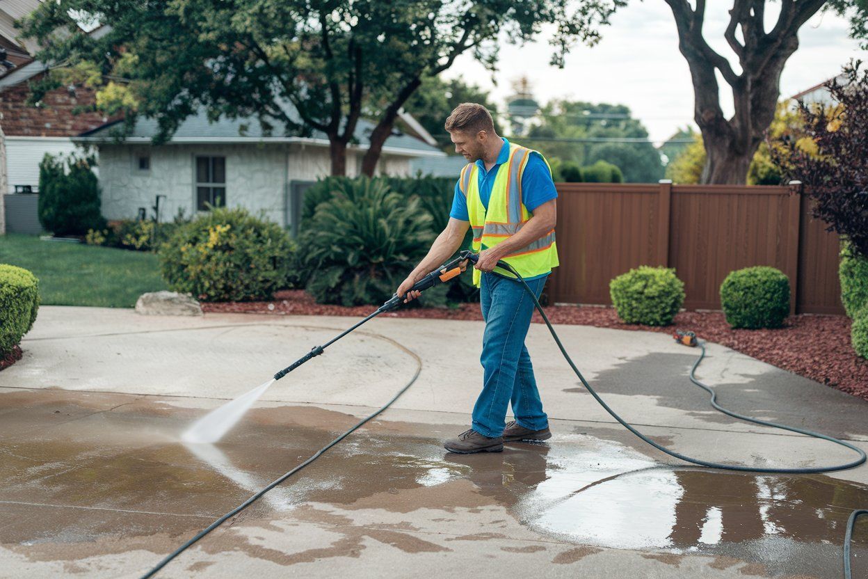 A man is using a high pressure washer to clean a concrete driveway.