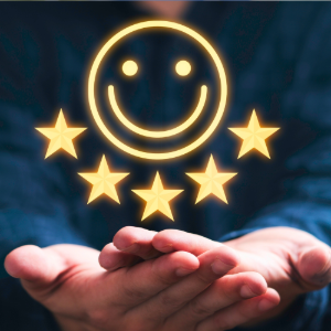 Hands cupped upward, holding a glowing yellow smiley face icon surrounded by five golden stars, symbolizing high ratings.