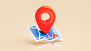 A large 3D red location pin resting on a folded blue and white stylized map with a small red flag marker.