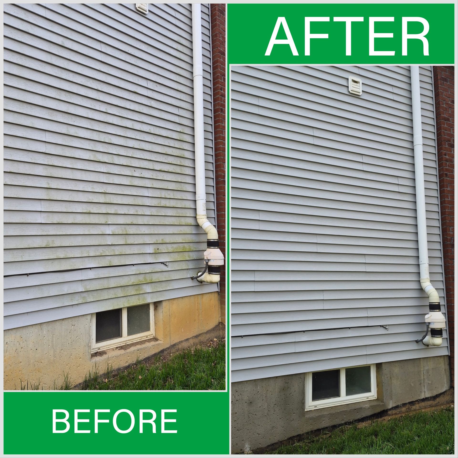 Before and after comparison of a dirty, weathered metal door being cleaned to look bright and new on a workshop exterior.