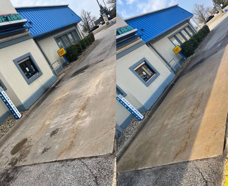 A split-screen comparison shows a before-and-after view of a drive-thru lane being power washed.