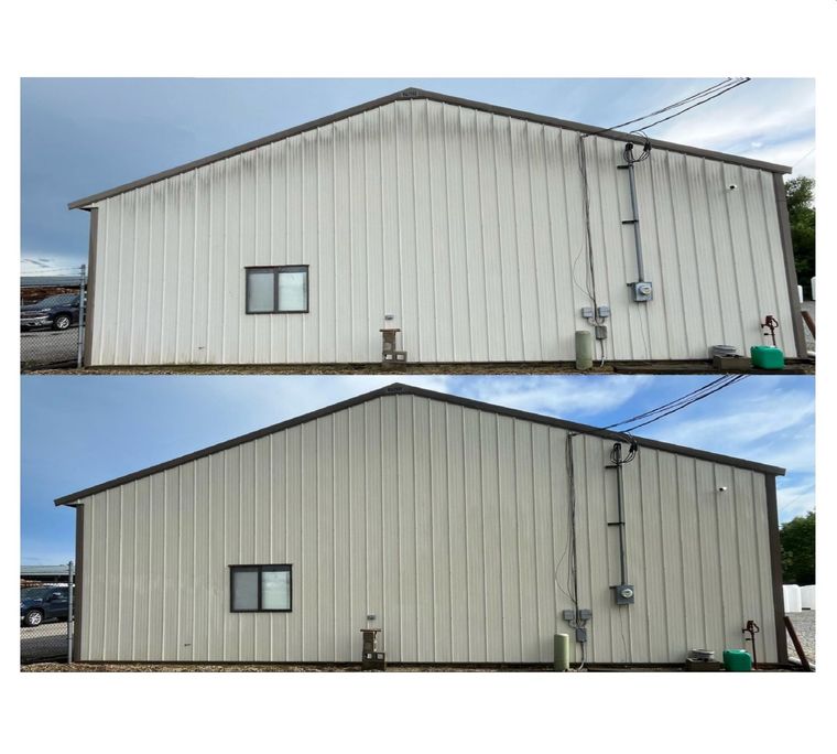 Before and after comparison of a light-colored metal building wall showing the removal of grime and dark vertical streaks.