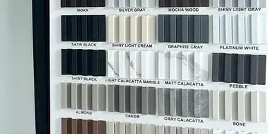 Color swatches on a white board with names like 