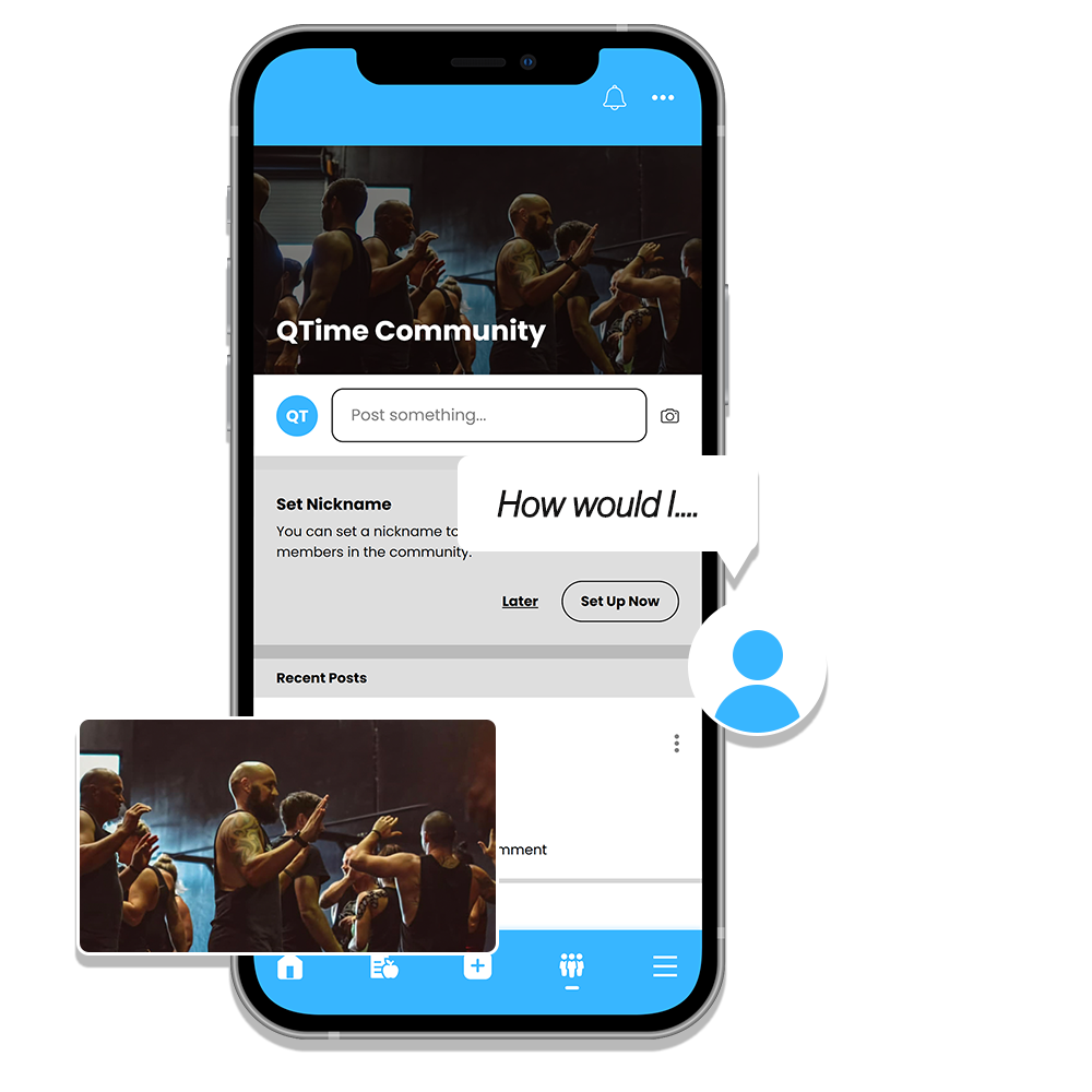A cell phone with the qtime community app on it.