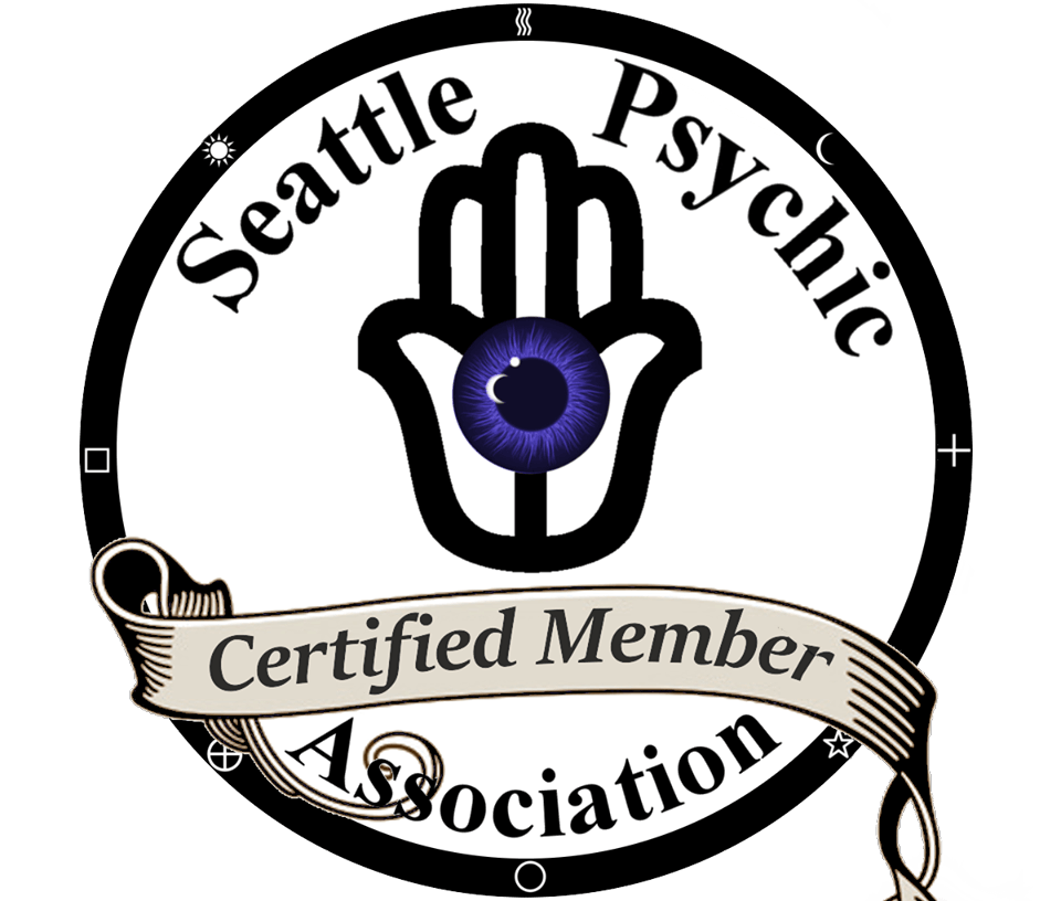 The logo for the seattle psychic association shows a hand with a purple eye.