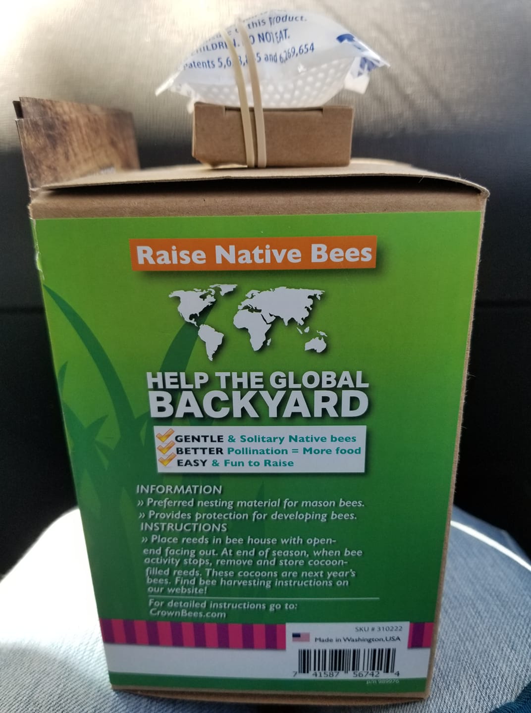 The back of a box that says raise native bees help the global backyard