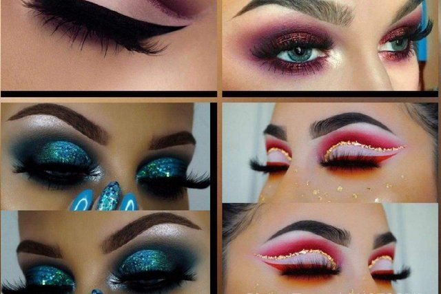 A collage of four pictures of a woman 's eye makeup