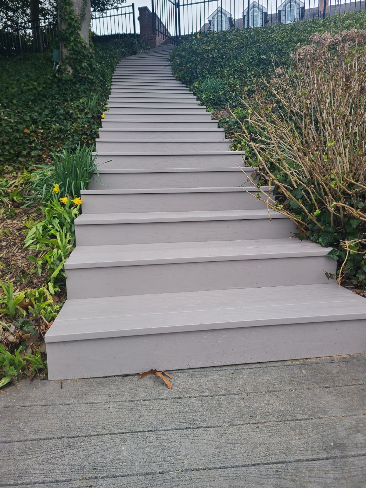 A set of stairs leading up to a lush green hillside.