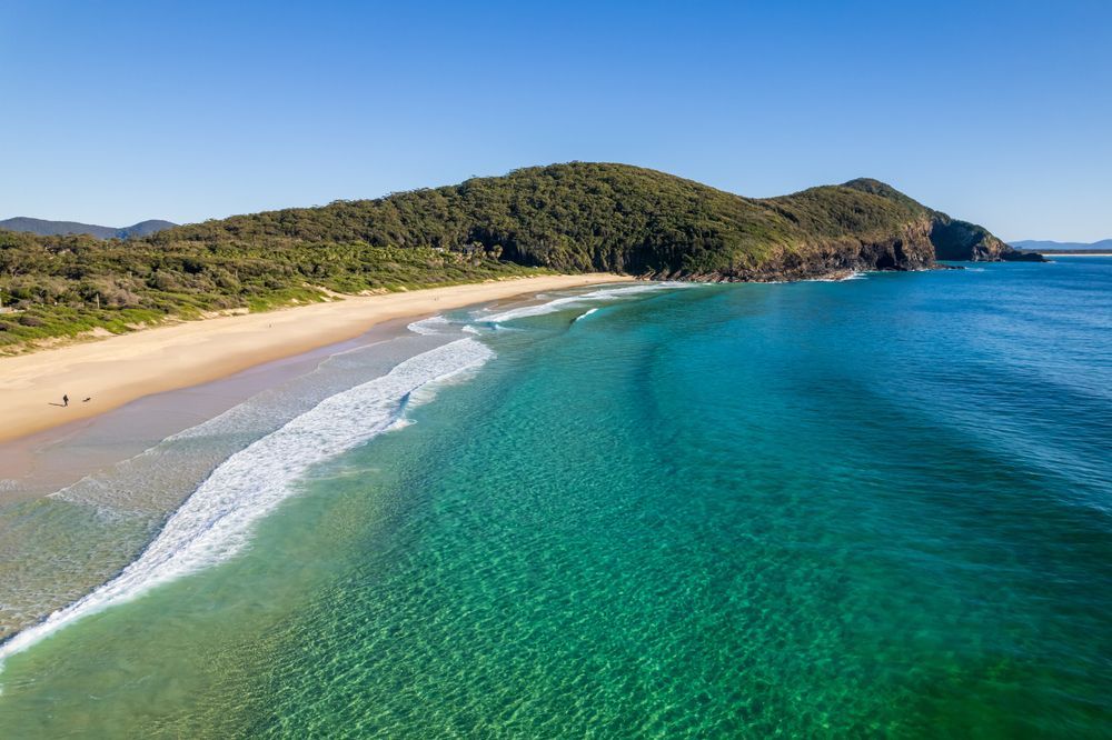 Vibrant turquoise ocean meets a sandy beach, backed by a green forested hill under a clear blue sky. — Lakesway Earthmoving in Pacific Palms, NSW