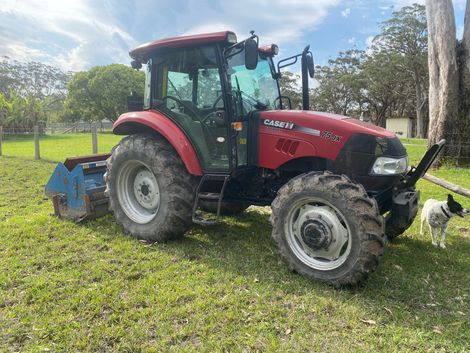 Red Case IH tractor on green grass with a small dog and a blue attachment. — Lakesway Earthmoving in Pacific Palms, NSW