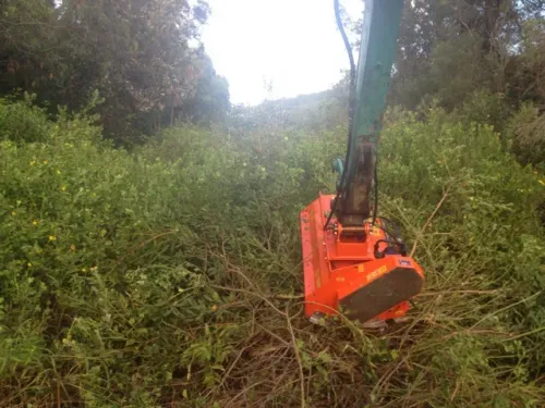 Orange brush cutter clearing overgrown vegetation on a hillside. — Lakesway Earthmoving in Charlotte Bay, NSW