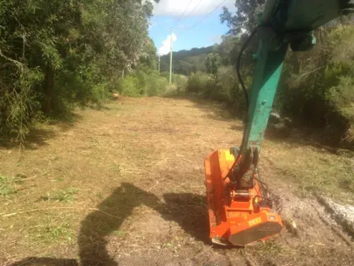 An excavator using an orange attachment clears brush from a dirt path, surrounded by trees, under a blue sky. — Lakesway Earthmoving in Charlotte Bay, NSW