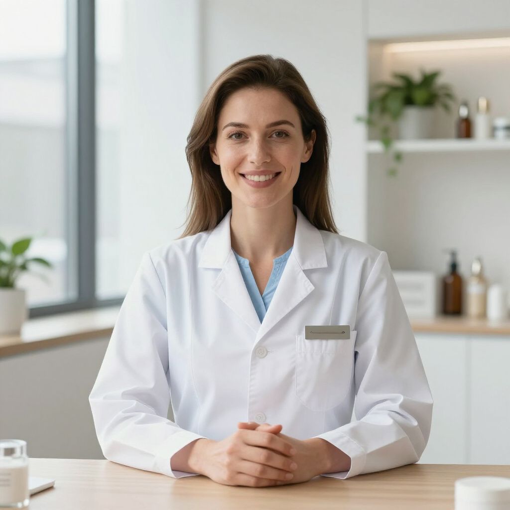 Une femme en blouse blanche, souriante, est assise à une table, les mains jointes. Dans une pièce baignée de lumière.
